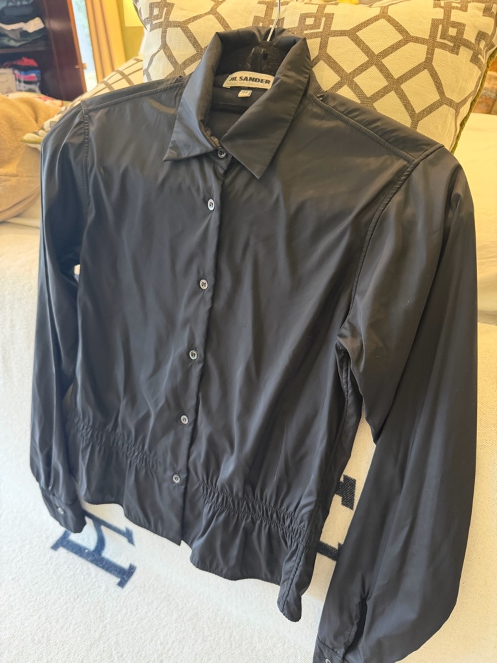 Jil Sander Black Button-Front Collared Nylon Blouse Gathered Waist - Picture 4 of 8
